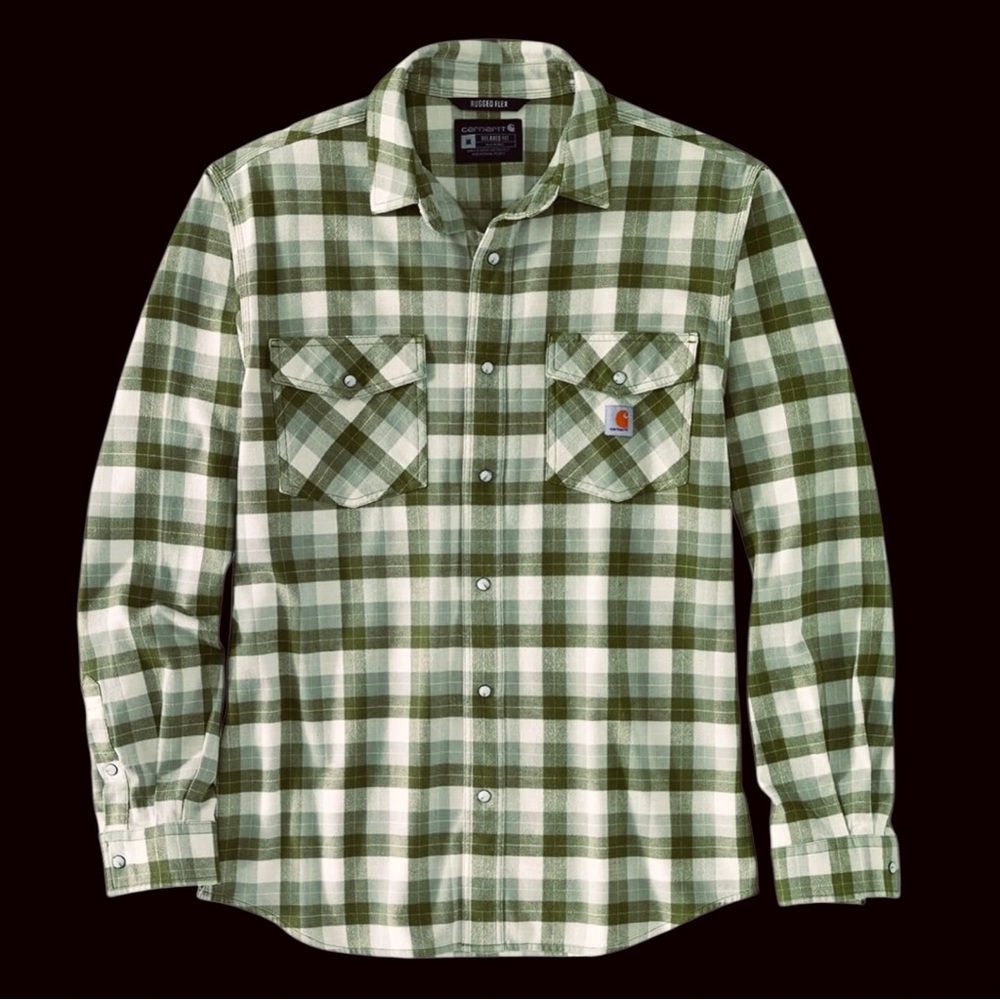 Carhartt Rugged Flex Flannel Shirt Mens 2XL Relaxed Fit Green Plaid Snap Buttons